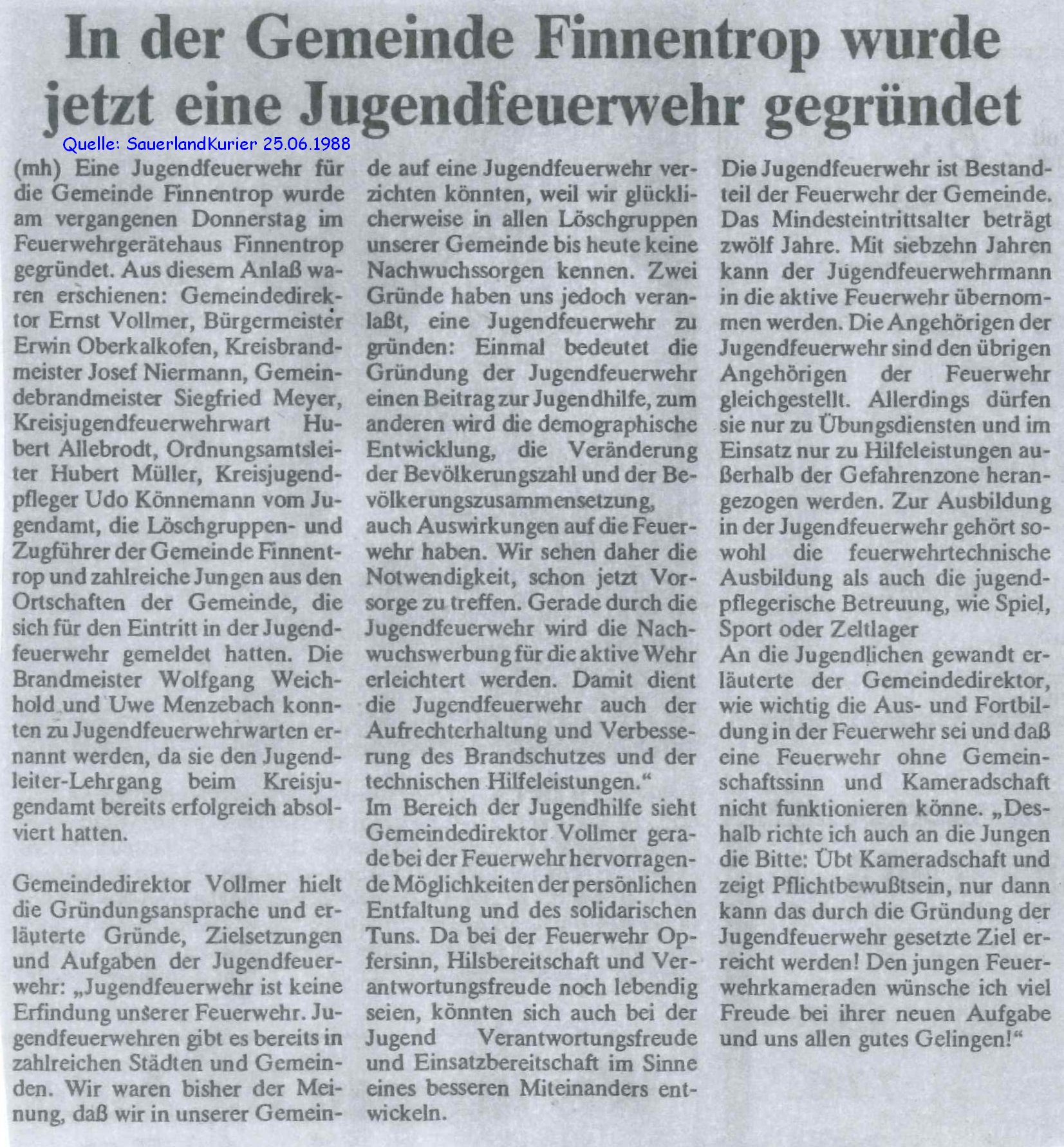 1988 06 25 SK In der Gemeinde Finnentrop wurde jetzt eine Jugenfeuerwehr gegruendet TEXT