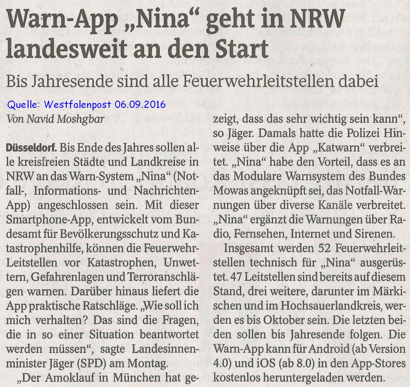2016 09 06 Warn App Nina geht in NRW landesweit an den Start